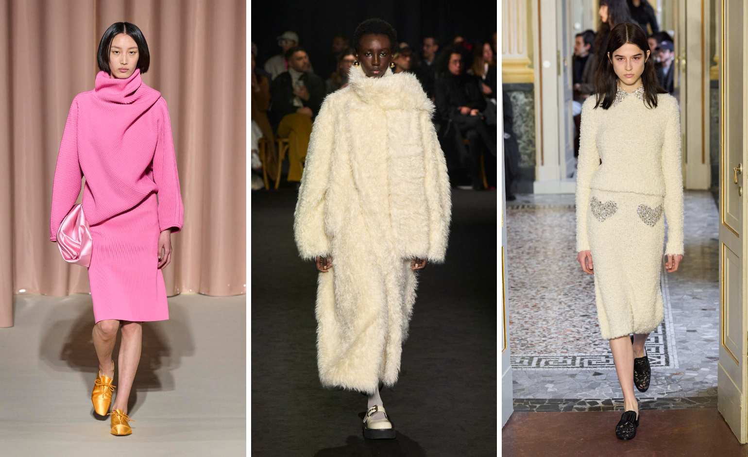 On the catwalk: knitted pink sweater and skirt, knitted long off-white coat, knitted off-white sweater and skirt