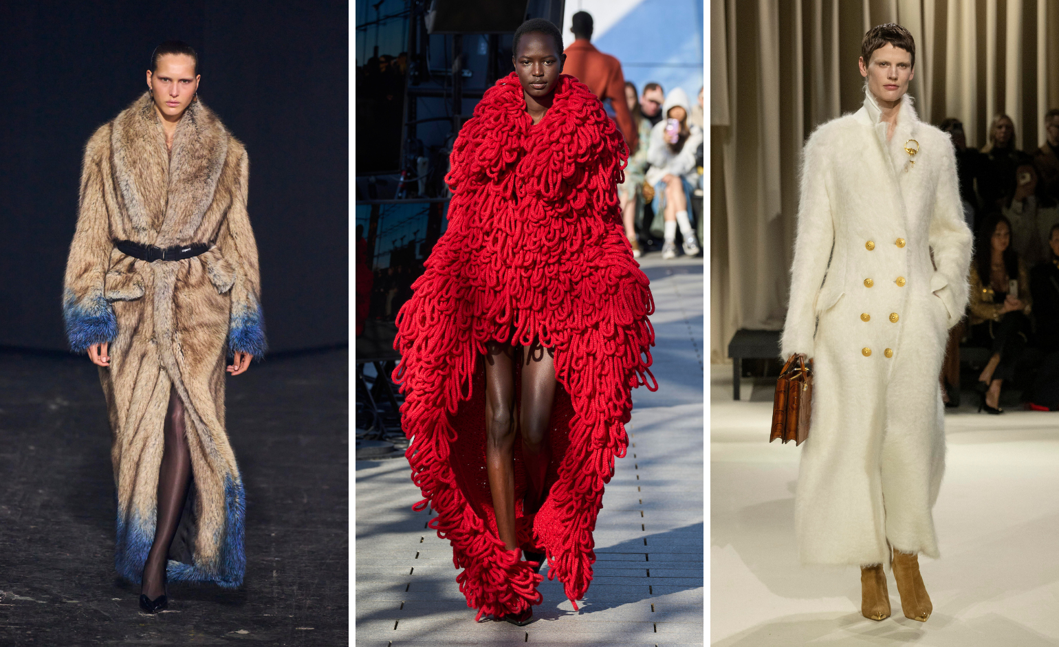 Brown fur coat, red textured coat, off-white long coat