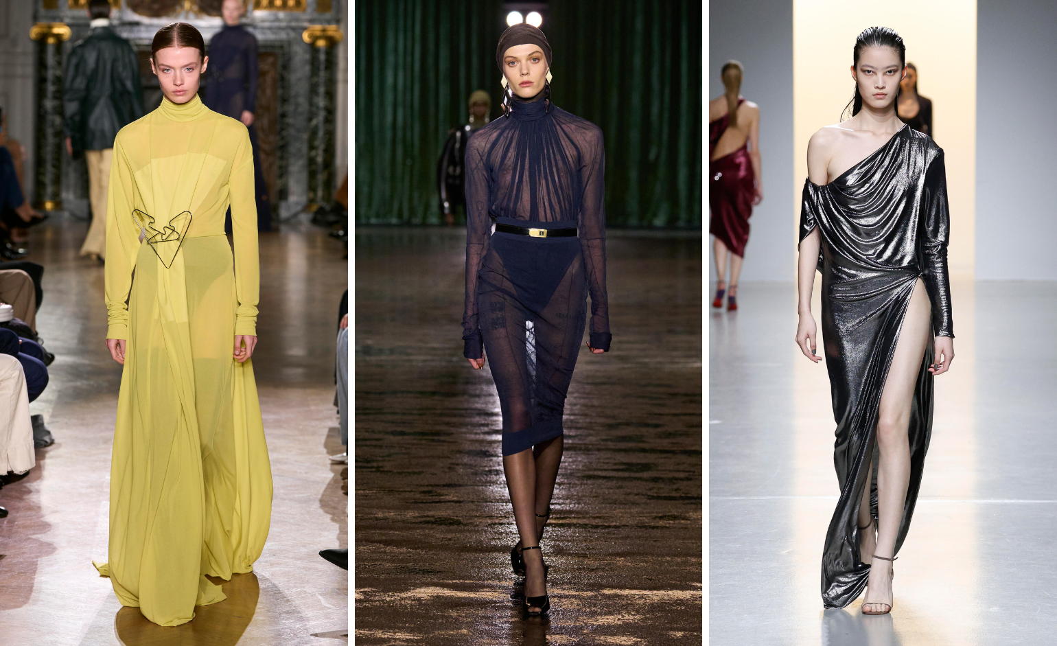 Yellow draped dress, dark purple transparent dress, silver fluid dress