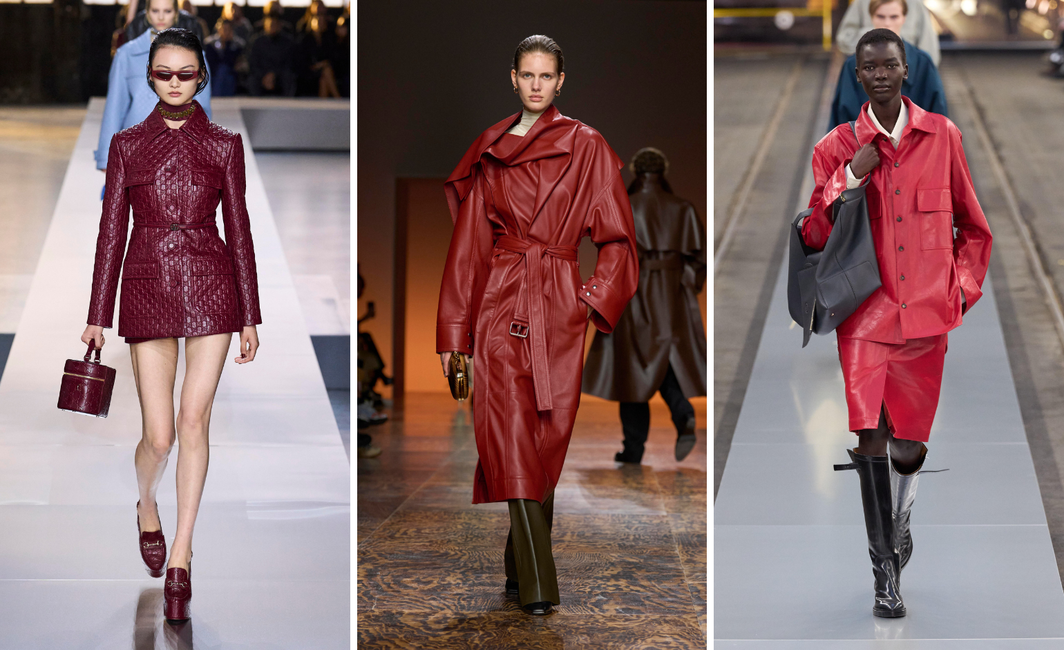 Red shades of leather on the catwalk
