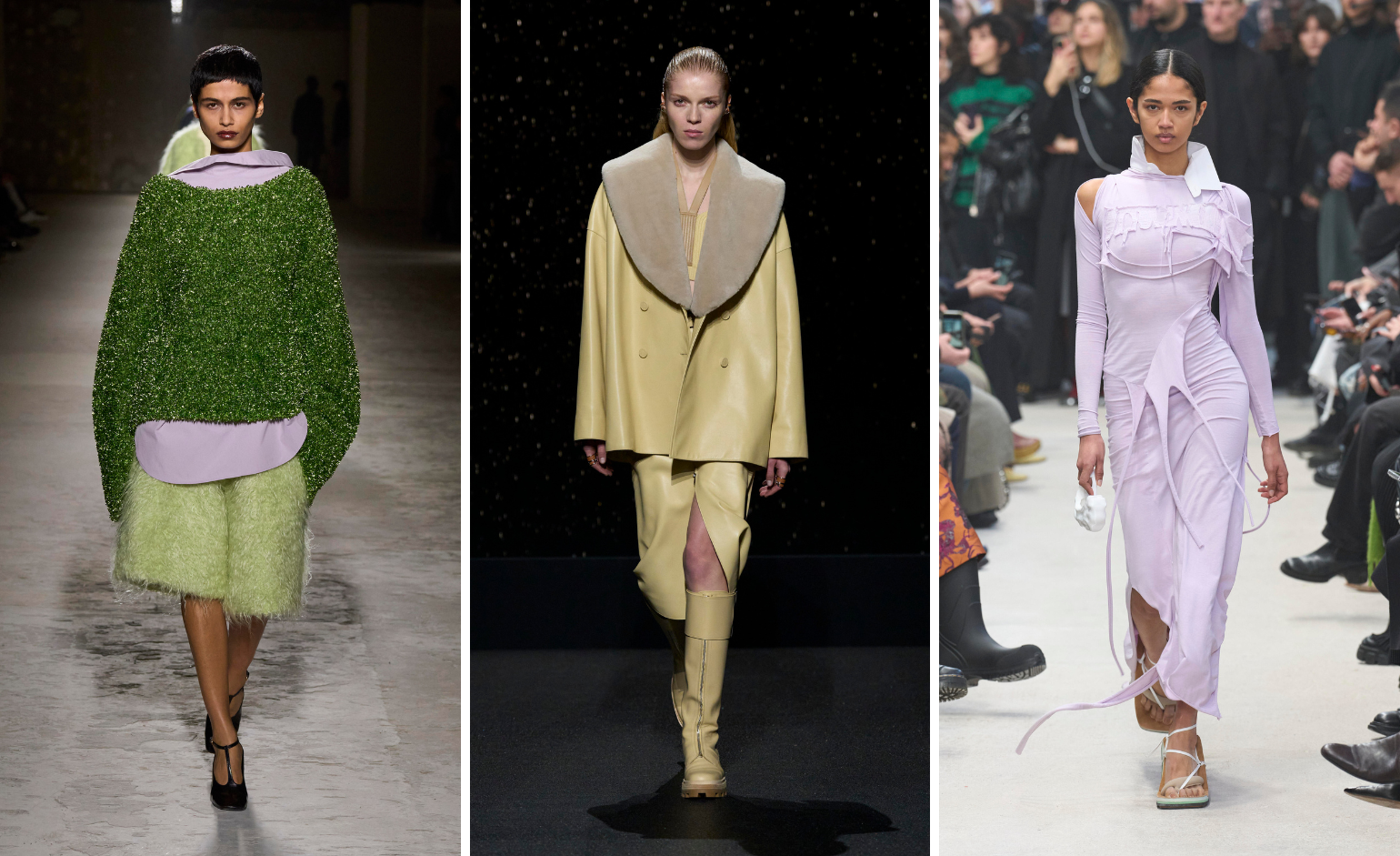 Digital Lavender and Green Matcha outfit, Sunflower Ray fluid coat, Digital Lavender dress